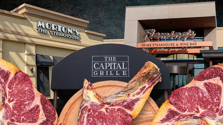 Three dry-aged steaks in front of three steakhouse exteriors