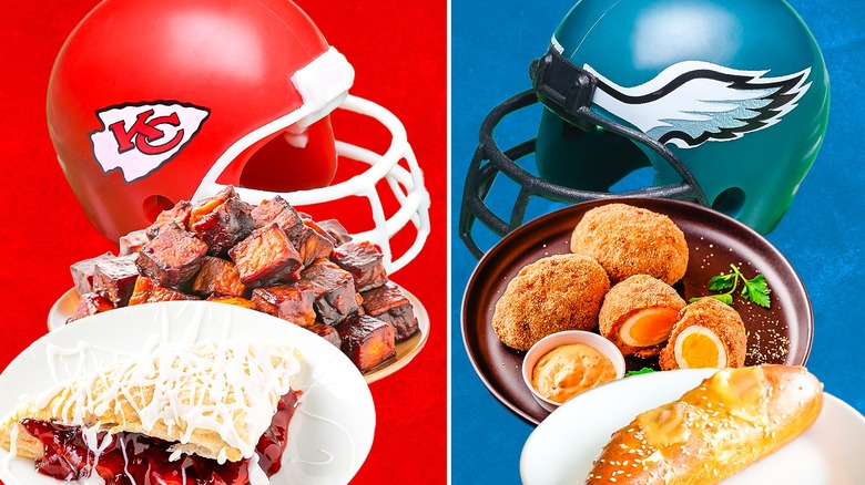 Assortment of snacks themed after the Kansas City Chiefs and the Philadelphia Eagles