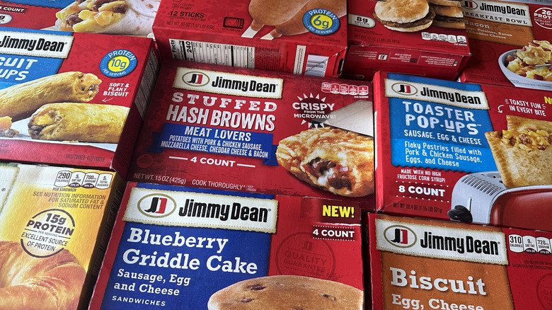 Variety of Jimmy Dean product boxes on table