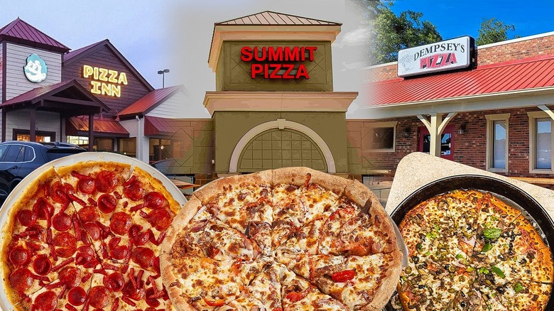 three pizzas in front of dempsey's pizza, summit pizza, and pizza inn
