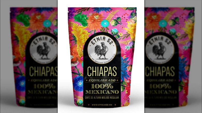 colorful, floral bag of Chiapas coffee from Etnia 52 on white background