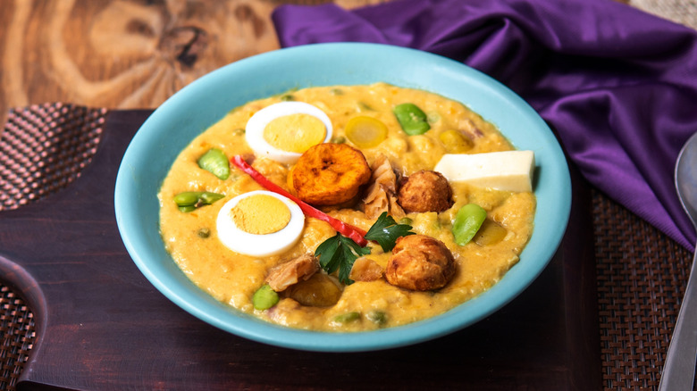 Fanesca soup in blue bowl