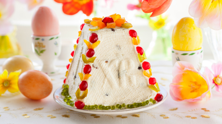 Pashka Easter dessert decorated with candied fruits