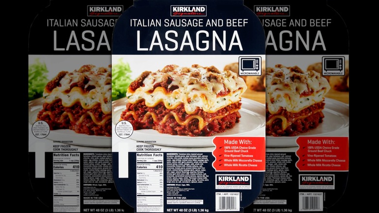 Kirkland Signature Italian Sausage and Beef Lasagna package on black background
