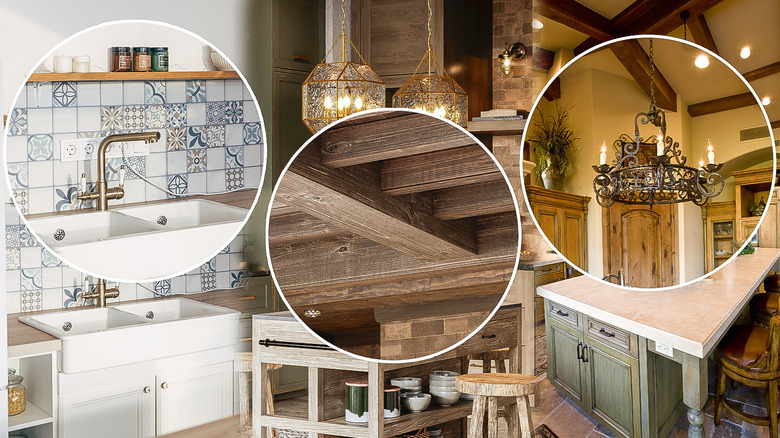Three close-ups of several details within a Mediterranean kitchen, including coastal tiles, wooden ceilings and a vintage chandelier