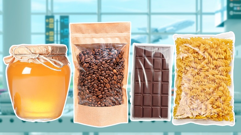 Honey, coffee, chocolate, and pasta with airport background