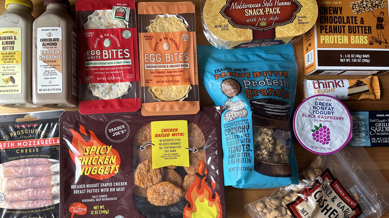 High-protein Trader Joe's snacks on wooden table