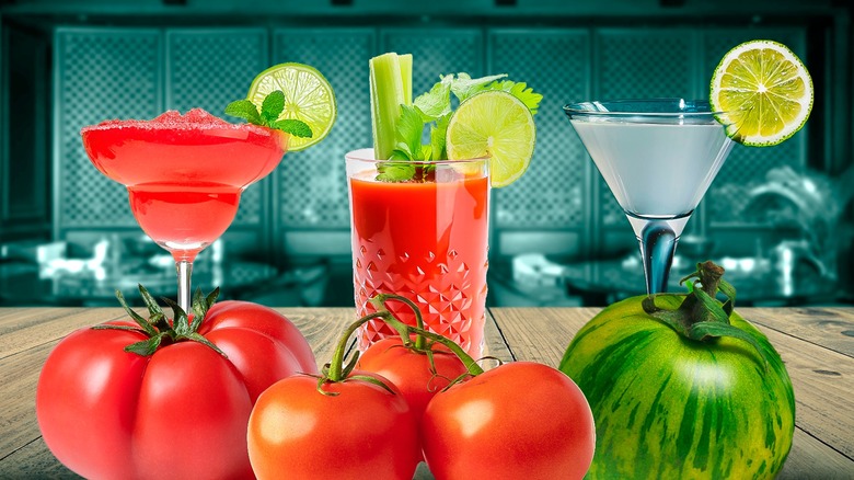 Compostie image with three cocktails and six tomatoes