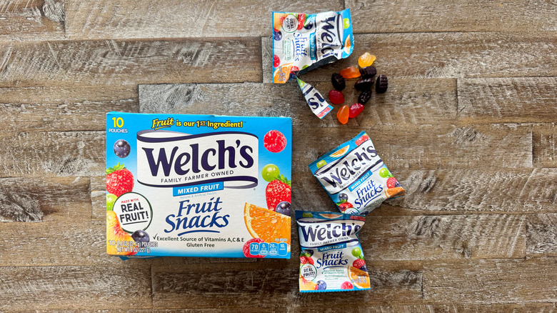 Welch's mixed fruit snacks on wooden table
