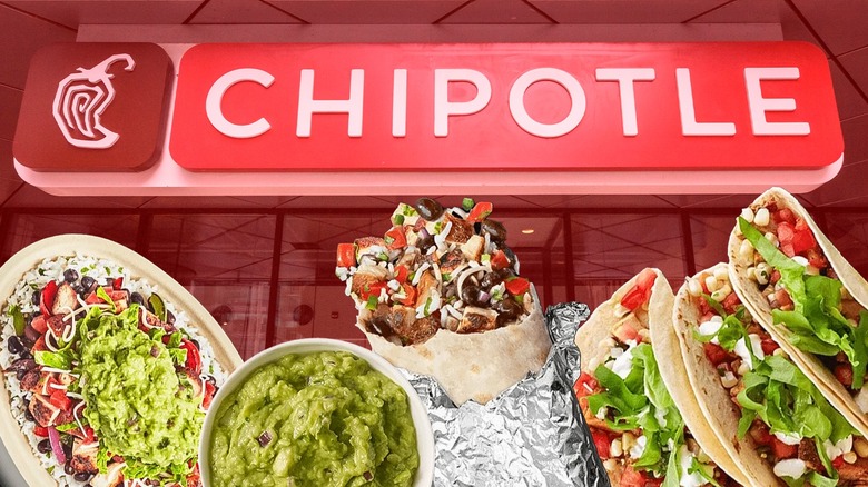 Chipotle sign with a group of food