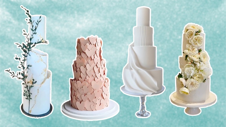 Four unique wedding cakes from TikTok against a blue background