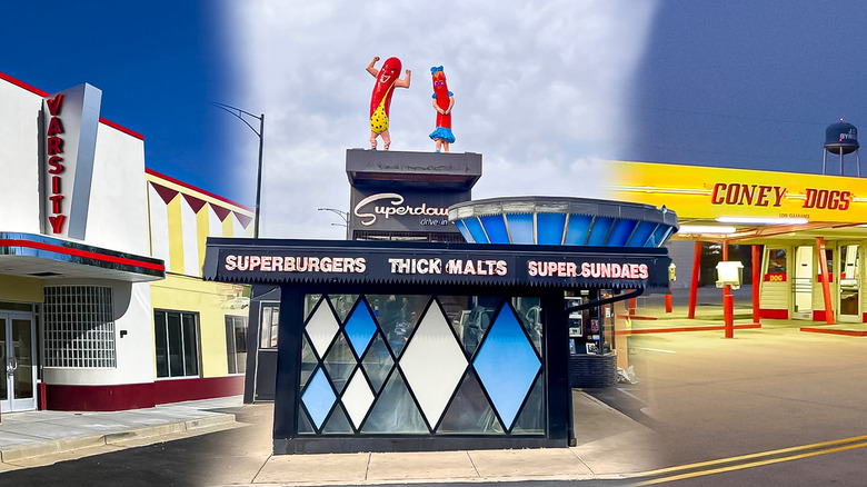 The fronts of three drive-in restaurants