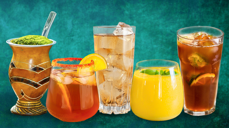 five cool drinks from different countries against teal backdrop