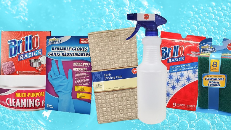 Various Dollar Tree cleaning essentials against a blue bubbly background