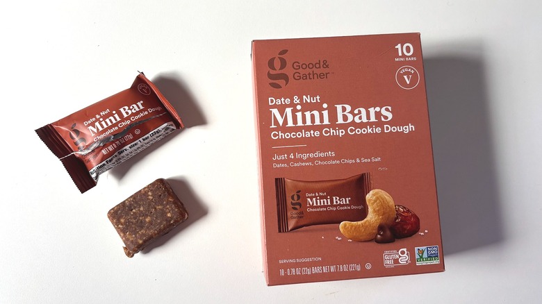 Good & Gather Chocolate Chip Cookie Dough Date & Nut Mini Bars box and an open package on a white table