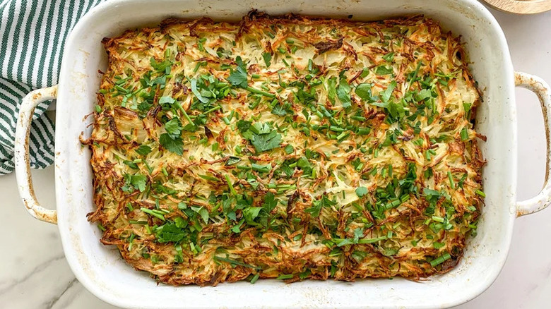 Passover potato kugel in white casserole dish