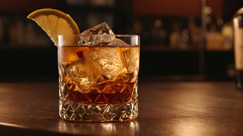 A garnished old fashioned cocktail on a bar