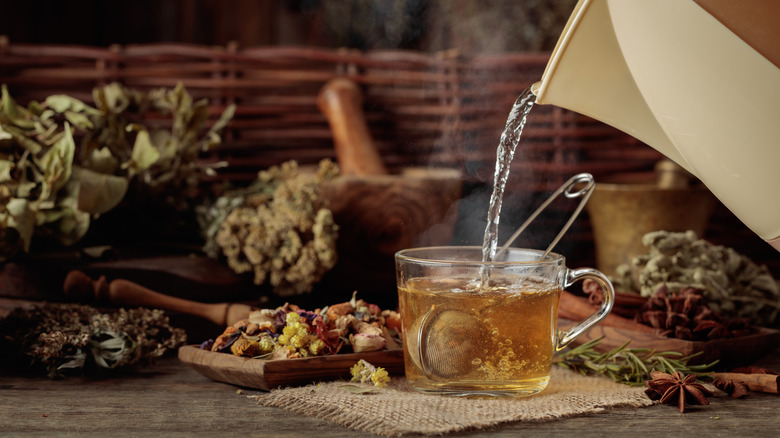 pouring a cup of tea with various fresh and dried herbs in the background