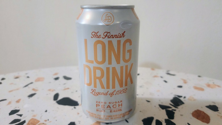 The Finnish Long Drink zero sugar peach can on table