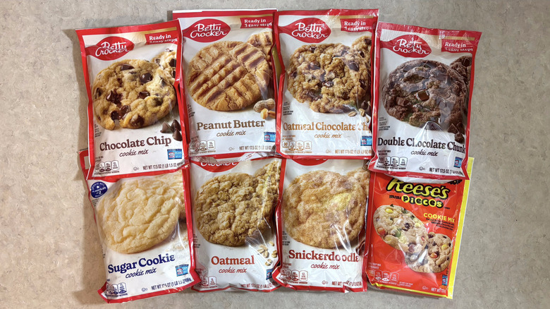 Betty Crocker cookie mixes on a marble countertop