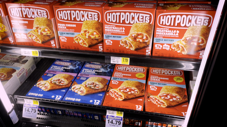 selection of hot pockets in freezer of grocery store