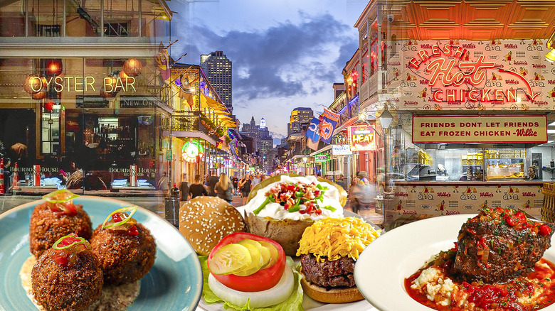 dishes of food in front of a background of new orleans streets
