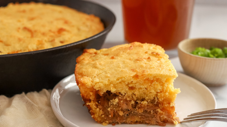 barbecue pork-stuffed cornbread on plate
