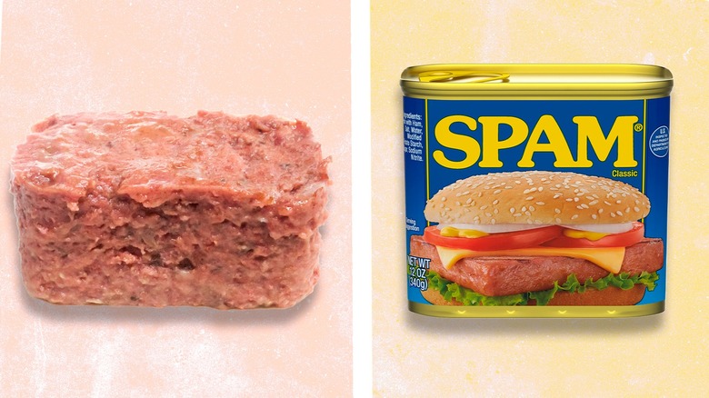 Corned beef in can shape beside unopened can of Spam