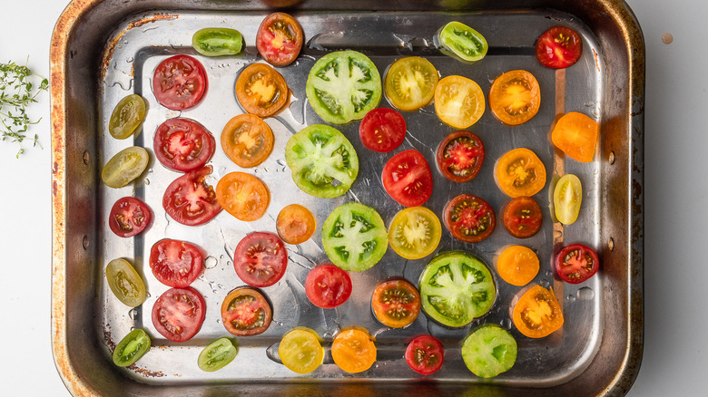 heirloom tomatoes on baking sheet 