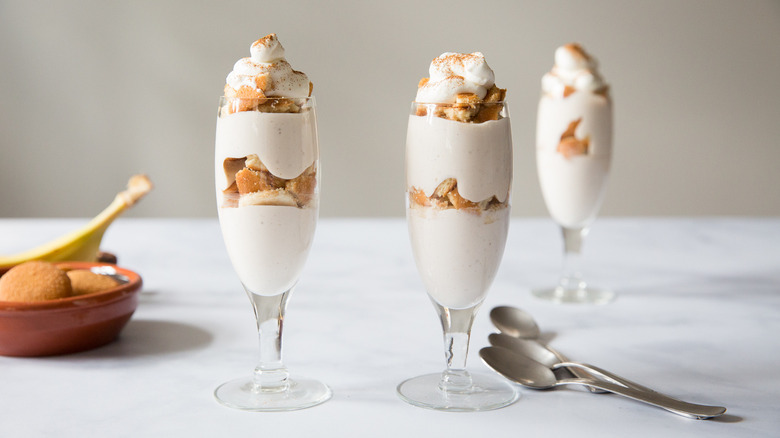 banana pudding served on table