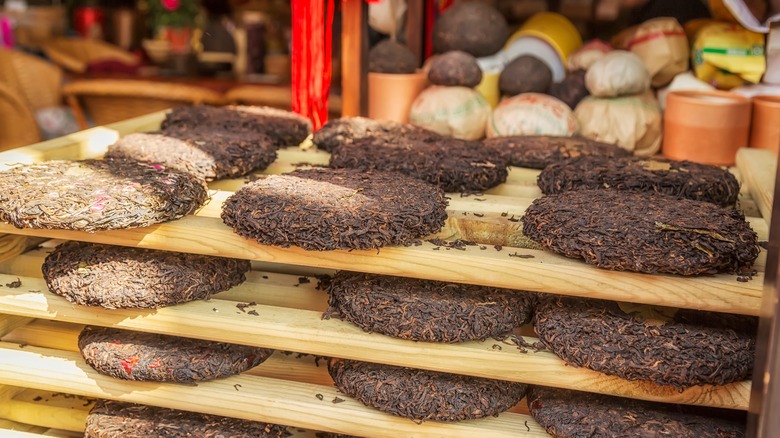 Stacks dried pu'er tea cakes 