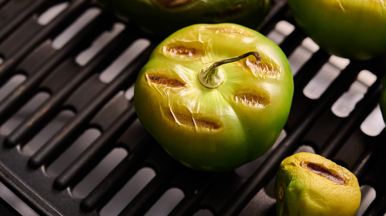 charred tomatillo on the grill
