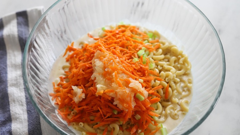 Hawaiian macaroni ingredients in bowl 