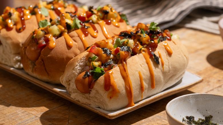 Hawaiian-style hot dogs on platter