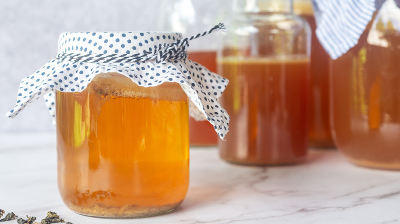 Glass bottle of homemade kombucha
