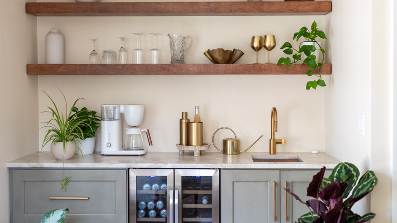 Home bar counter with plants and glasses