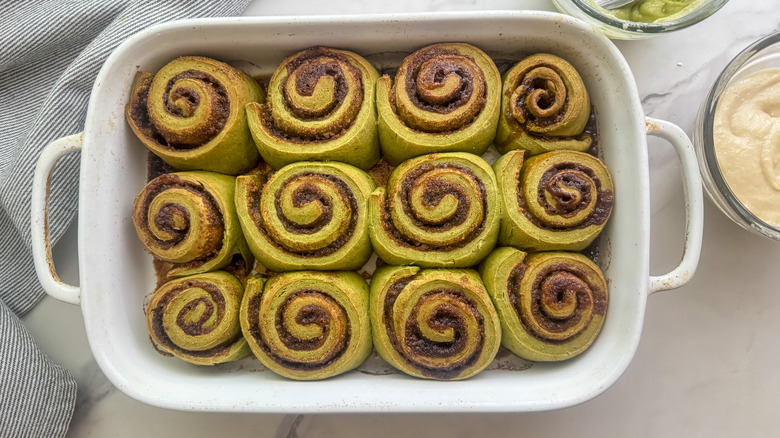 cooked rolls in baking dish
