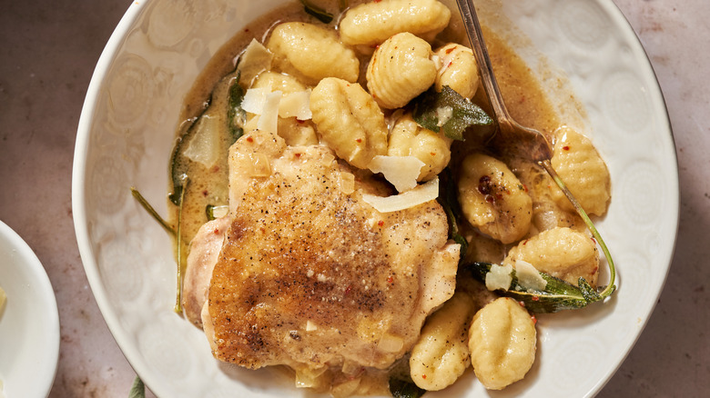 gnocchi and chicken in a bowl