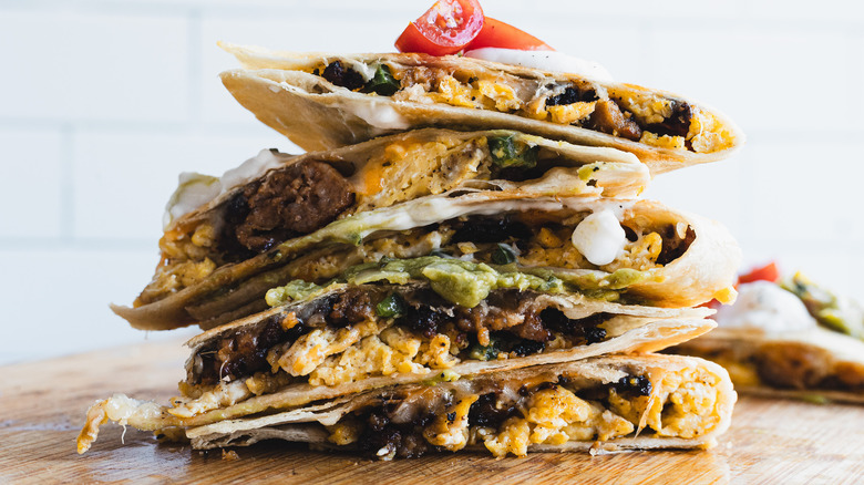 Slices of quesadilla piled on each other