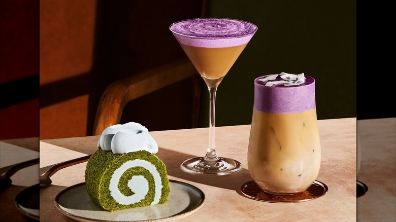 A photo of new Starbucks items including an ube espresso martini