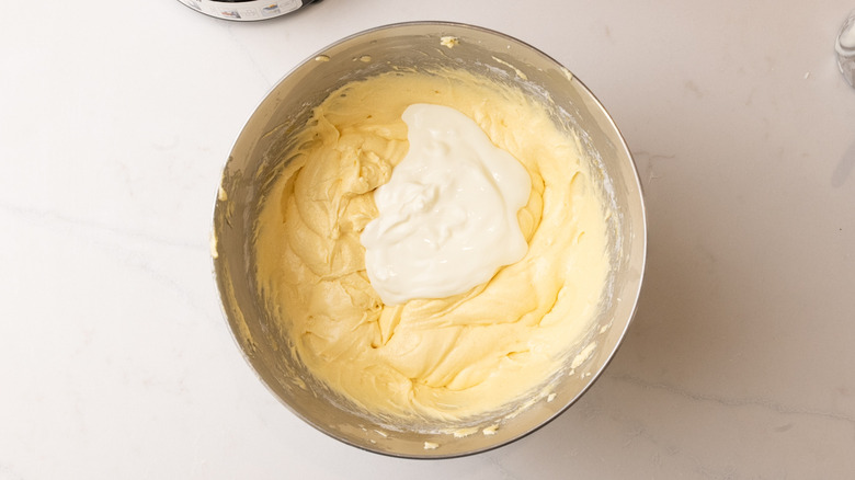 mixing Greek yogurt into batter