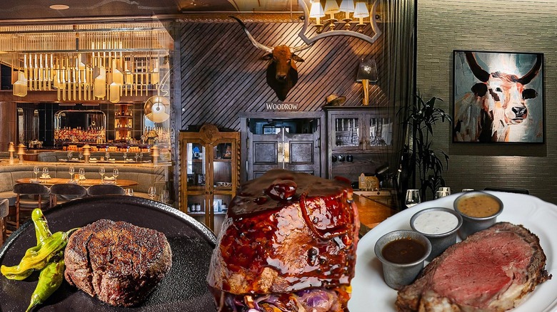 Three steak dishes in front of a collage of three steakhouses