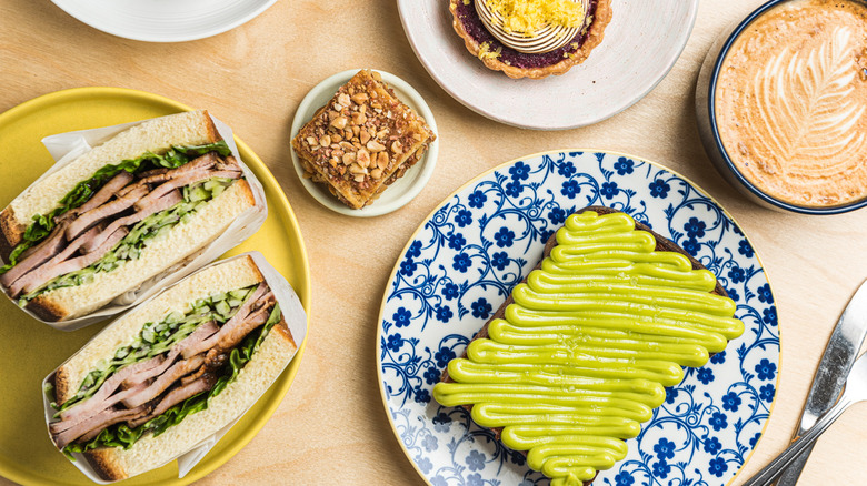 Plates of food on restaurant table
