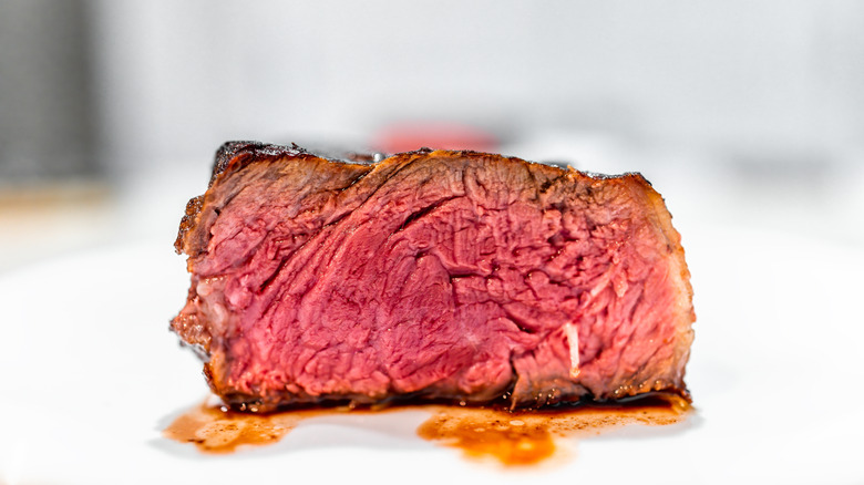 A slice of rare blue steak.