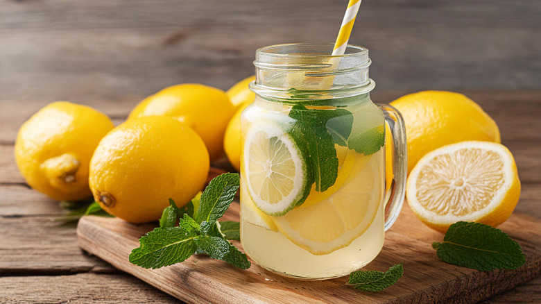 A jug of lemonade with lemon slices and herbs for garnish