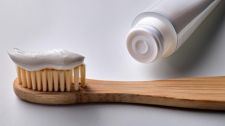 A wooden toothbrush and a tube of toothpaste