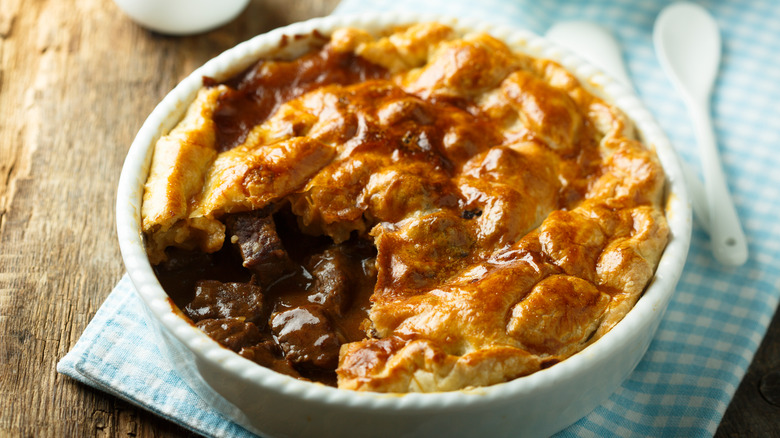 Beef pot pie on blue gingham