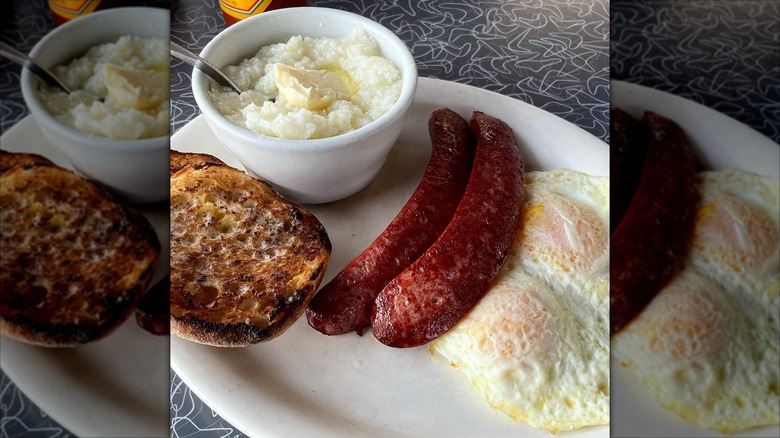 White plate of breakfast food including reindeer sausage