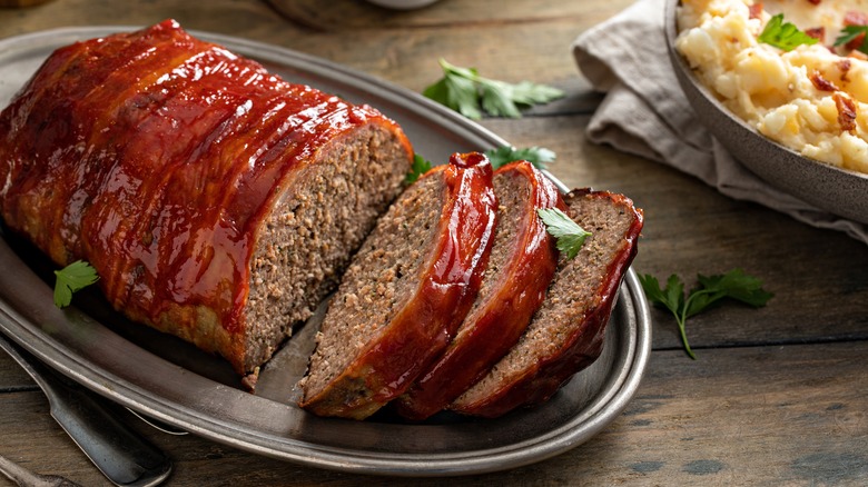 Freshly sliced meatloaf