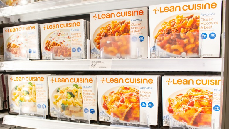 Various Lean Cuisine frozen meals in a store freezer